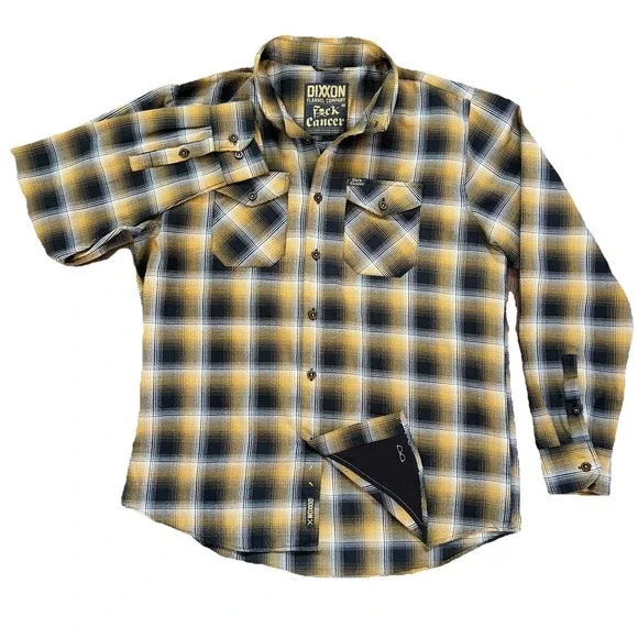 Dixxon Shirt Mens XL Gold Button Down Flannel Long Sleeve Plaid Fxck Cancer Rare - Picture 2 of 9